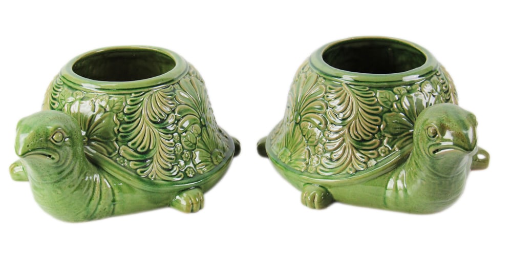 Pair of Large Green Ceramic Turtle Planters: Pair of large green ceramic turtle planters, 7 1/2" H x 17" W. Provenance: From the 50-year personal collection of Mr. John Hvozda of Hermitage, Pennsylvania.