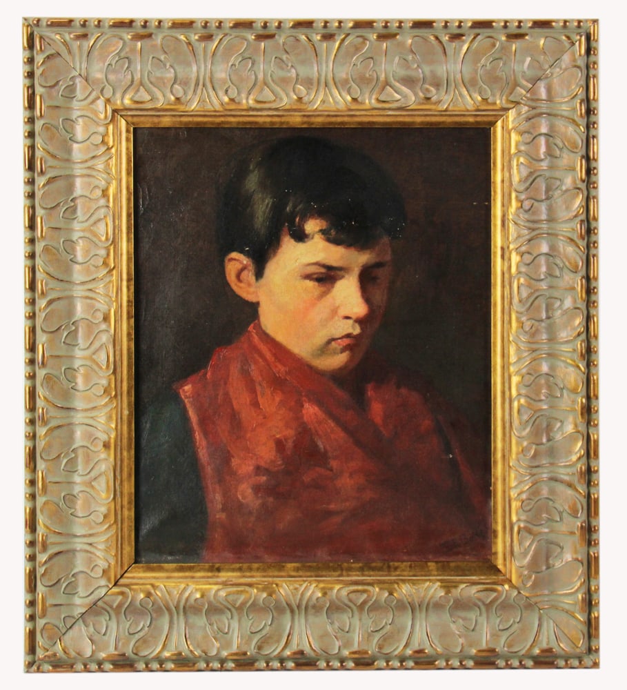 Portrait of Young Boy, Oil on Canvas: Portrait of young boy, oil on canvas, signed indistinctly L/R, 17" x 14", framed 24 3/4" x 21 3/4". Provenance: Estate of Dalia Zikas of Melrose, Massachusetts.