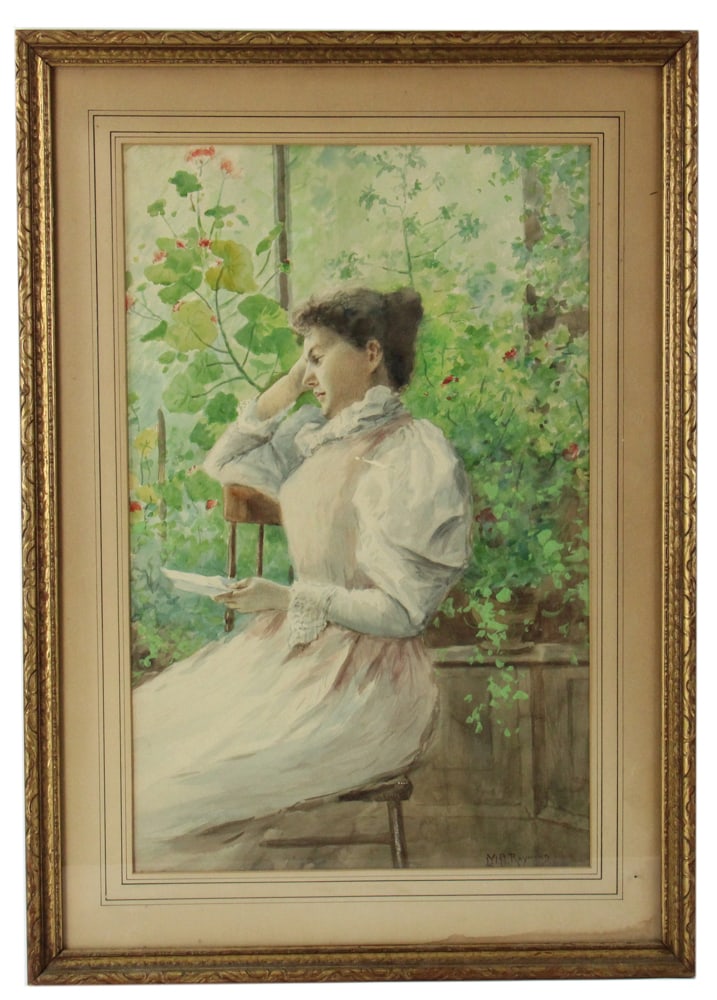 M.A. Raymond, Woman Reading in Garden, Watercolor: M.A. Raymond, woman reading letter in garden, watercolor, signed L/R, 23 1/4" x 15 1/2", framed 29 1/2" x 20 3/4". Provenance: Estate of Dalia Zikas of Melrose, Massachusetts.