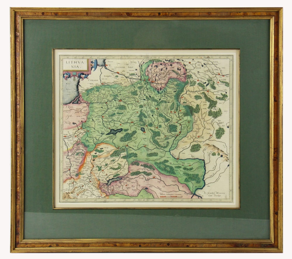 Hand-colored Framed Map of Lithuania: Hand-colored framed map of Lithuania, 14 3/4" x 17 1/4" (sight), framed 24" x 26 1/4". Good condition. Provenance: Estate of Dalia Zikas of Melrose, Massachusetts.