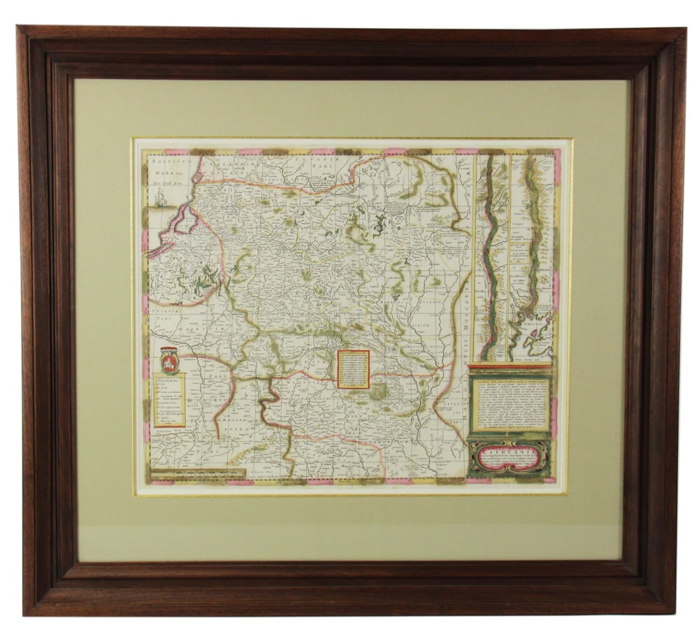 Map of Lithuania, Hand-colored Lithograph: Map of Lithuania, hand-colored lithograph, 17 1/4" x 21 1/4" (sight), framed 29 1/4" x 32 3/4". Provenance: Estate of Dalia Zikas of Melrose, Massachusetts.