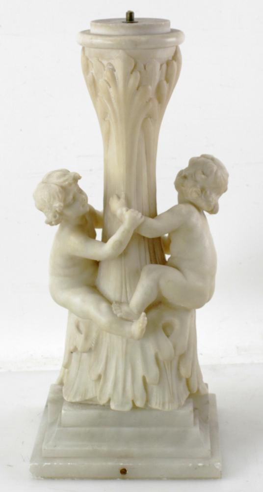 Alabaster Carving, Pillar with Putti: Alabaster carving, pillar with putti, 21" H x 7" x 8". Provenance: Southern Connecticut collection.