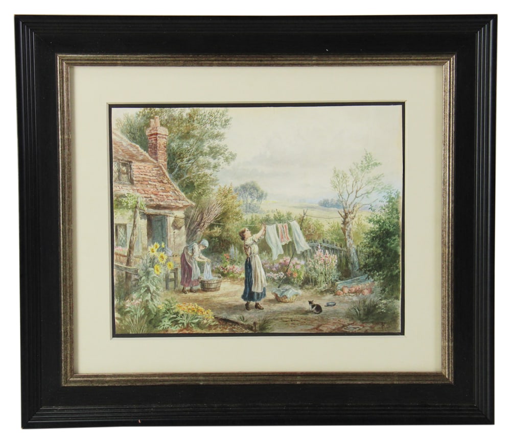 Miles Birket, Laundry Day, Watercolor: Miles Birket, Laundry Day, watercolor, monogrammed "MB" L/R, 9 1/2" x 11 3/4", framed 16 3/4" x 19 1/4". Provenance: Estate of Dalia Zikas of Melrose, Massachusetts.