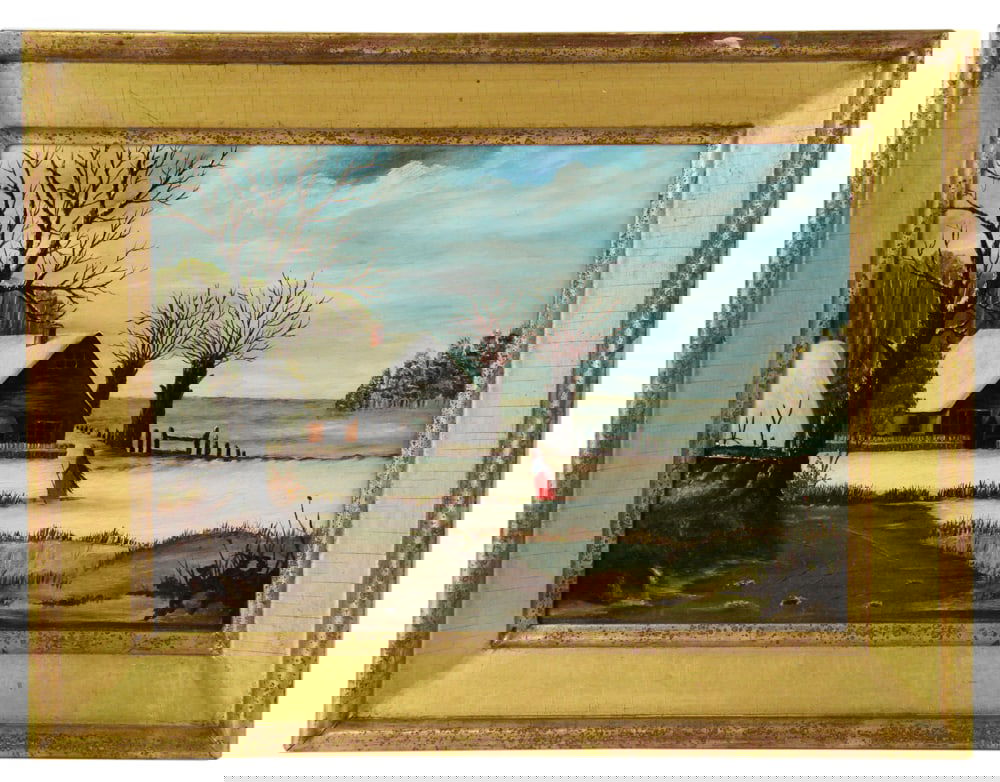 Country Winter Scene, Oil on Canvas: Country winter scene, oil on canvas, 10" x 14", in gilt frame 13 1/4" x 17 1/4". Provenance: Estate of Dalia Zikas of Melrose, Massachusetts.