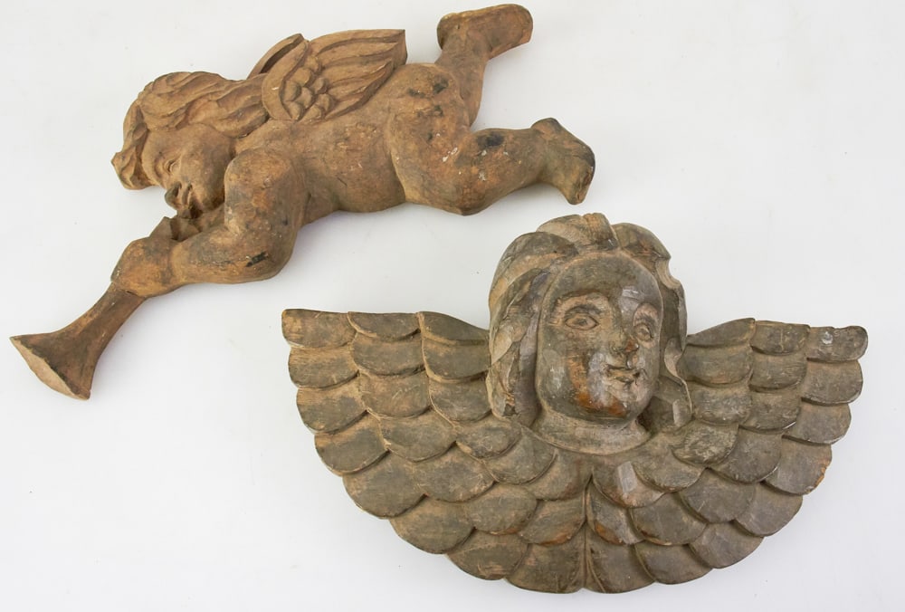 Two Antique Carved Wood Pieces, Angel and Gabriel: Two antique carved wood pieces, one an angel papier-mache mold, and one depicting Gabriel with his horn. Longer 12 1/2". Good condition. Provenance: Estate of Dalia Zikas of Melrose, Massachusetts.