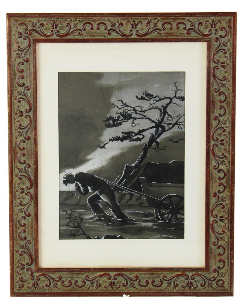 Man Pulling Cart Over Snow, Watercolor Gouache: Man pulling cart over snow and ice, watercolor gouache, signed L/R, partially under mat, 11 1/2" x 8 1/2" (sight), framed 19 1/2" x 15 1/2". Provenance: Estate of Dalia Zikas of Melrose,