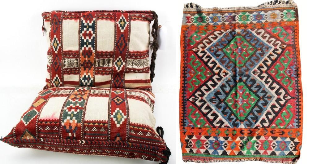 Antique Kilim Rug and Afghani Saddlebag: Antique Kilim rug, 3' 2" x 2' 10". With an Afghani saddlebag, 1' 8" x 3'. Provenance: Palm Beach, Florida.