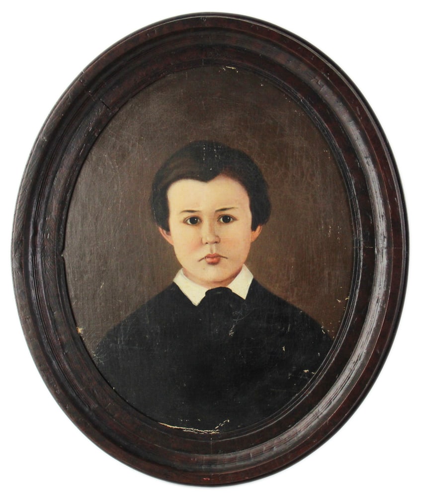 Portrait of Young Boy, Oil on Canvas on Board: Portrait of young boy, oil on canvas laid on board, 20" x 16", framed 25 1/4" x 18 3/4". Provenance: Estate of Dalia Zikas of Melrose, Massachusetts.