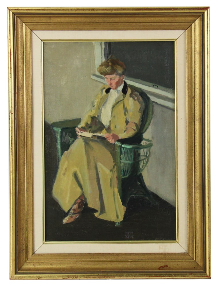 Portrait of Woman Reading, Oil on Canvas: Portrait of woman reading, oil on canvas, initialed "REM" over "SFM" L/C, 18" x 12", framed 23 1/4" x 17 1/4". Provenance: Estate of Dalia Zikas of Melrose, Massachusetts.
