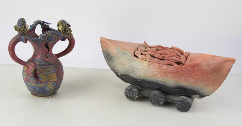 Two Studio Art Pottery Figural Pieces, Boat and Jug (1 of 7)