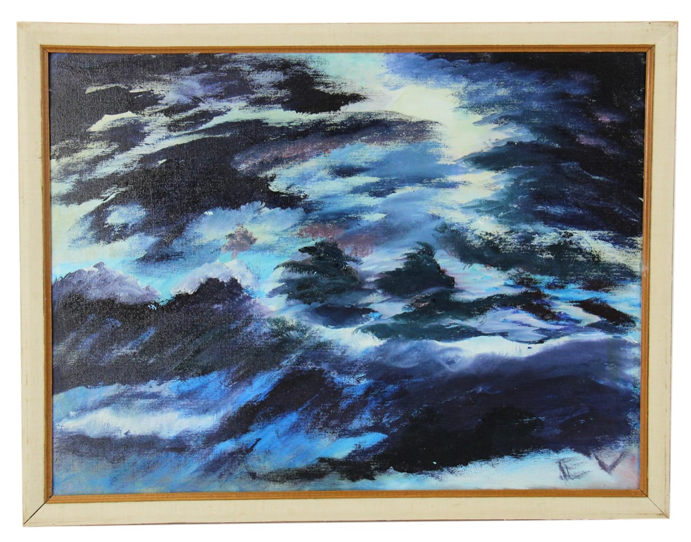 Elena Vasylivnas, "Something in Blue", Oil on Board: Elena Vasylivnas, "Something in Blue", oil on board, initialed "EV" L/R, artist name and date 1991 verso, 18" x 24", framed 20" x 26". Provenance: Estate of Dalia Zikas of Melrose, Massachusetts.