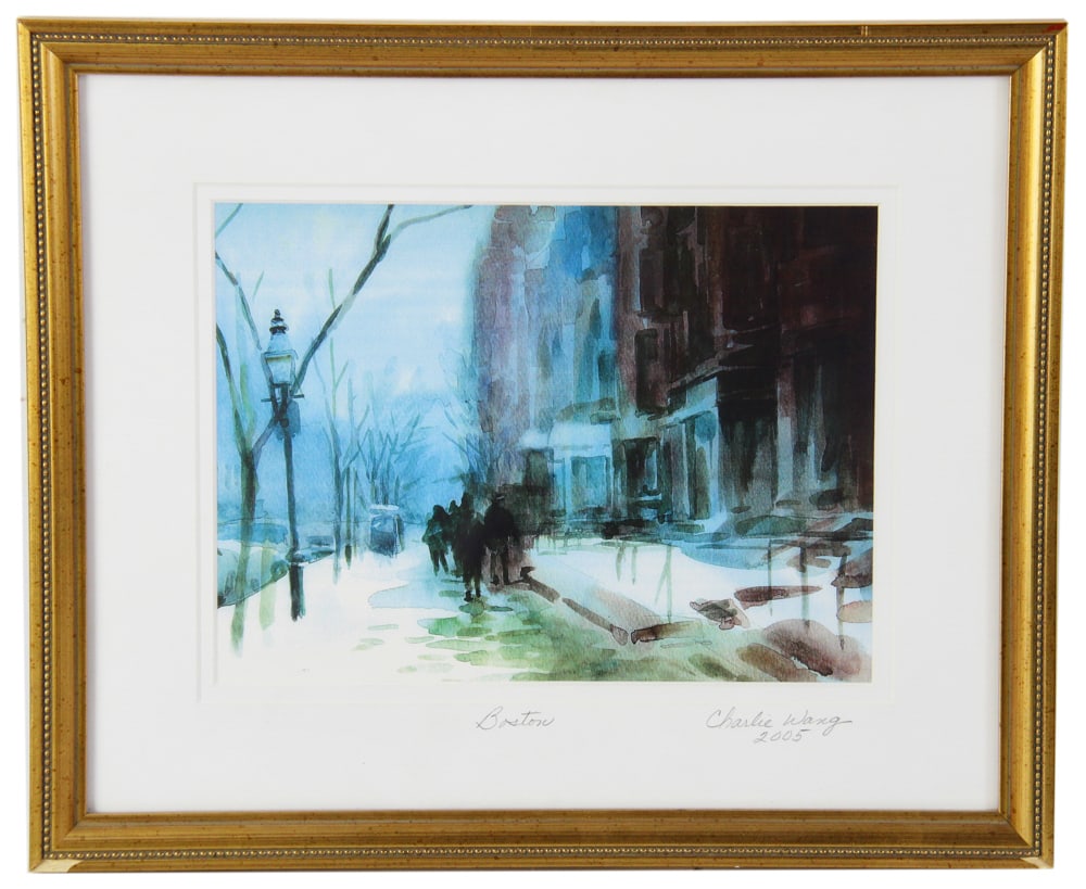 Charlie Wang, "Boston", Offset Lithograph: Charlie Wang, "Boston", offset lithograph, pencil-signed and dated 2005 L/R, pencil-titled L/C, 7" x 9 1/2" (sight), framed 12 1/4" x 14 3/4". Provenance: Estate of Dalia Zikas of Melrose,