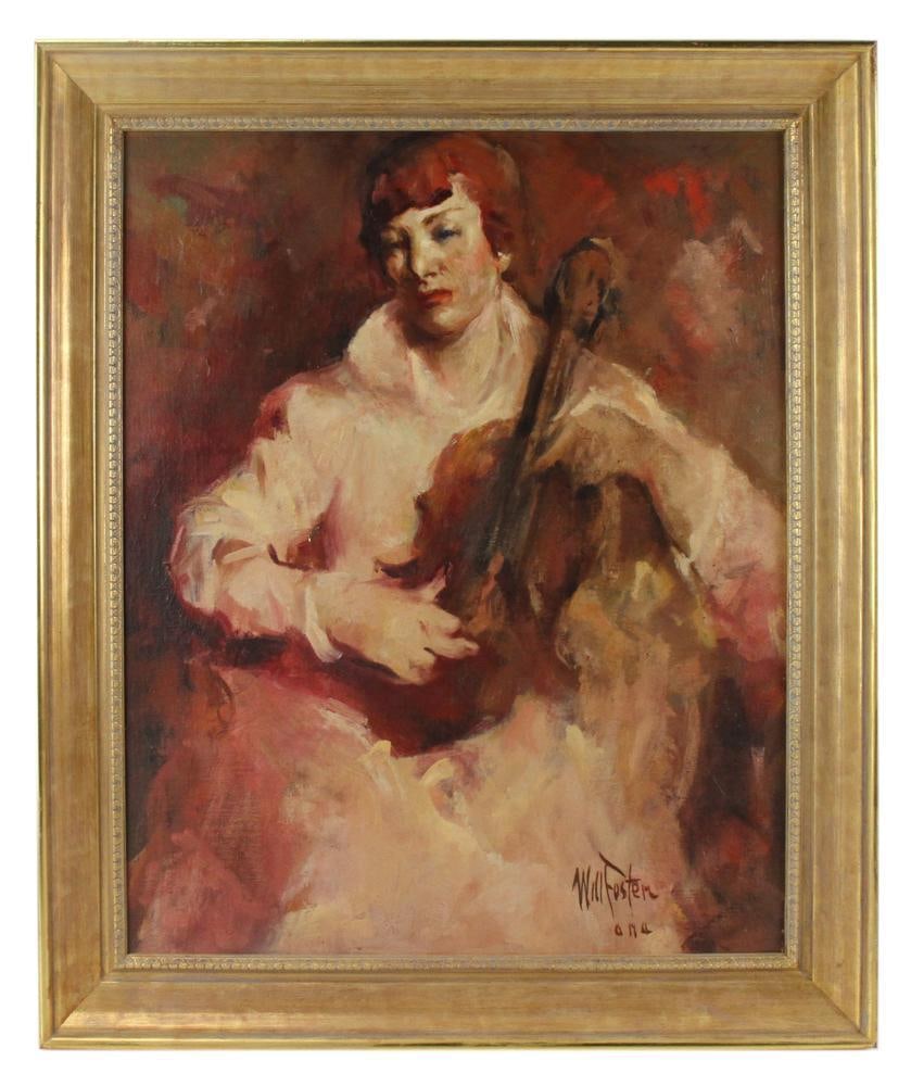 Will Foster, The Violinist, Oil on Board: Will Foster (1883-1953), "The Violinist", oil on board, signed L/R, 30" x 24", framed 35" x 30". Provenance: South Hamilton, Massachusetts collection.