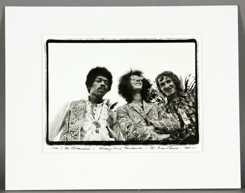 Pappe, Jimi Hendrix, Photograph: Alan Pappe (1934-2008), "Beverly Hills California", Jimi Hendrix and The Experience, 1969, photograph, autographed and mounted, 7"h x 9 1/2"w (image). Provenance: From the Alan Pappe Archives. Born in