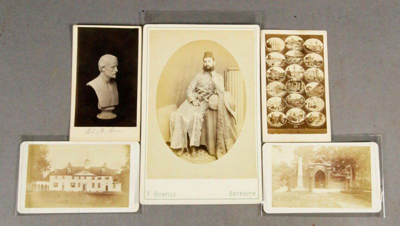 Lot of CDVs and Cabinet Cards: Lot of Carte de visites and cabinet cards, to include: a pair of Alexander Gardner CDVs of Mt Vernon and George Washington's tomb; CDV Bust of Col. Robert Shaw; a Fratelli D'Alessandri composite Cod,