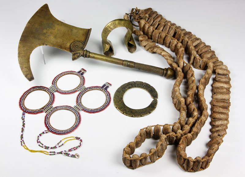 Collection of Items Used by Bushmen: Collection of items used by Bushmen (Kalahari), from 1951 film "Dead Birds", hatchet is 16"l.