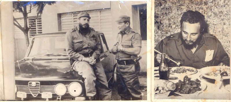 2 Photographs of Castro: Two photographs of Fidel Castro eating a meal, note the Coca-Cola, and sitting on the hood of a car, 5"h x 7"w, 4 3/4"h x 3 1/2"w. Originally owned by Argentina Estevez.