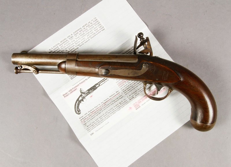 U.S. Flintlock Pistol: U.S. Flintlock pistol, R. Johnson 1841 model 1836, U.S. cartouche mark to barrel stock and barrel.