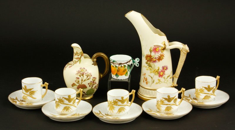 Assorted Porcelain Ware: Lot of two Royal Worcester, one French pitcher, and six demi tasse cups and saucers.