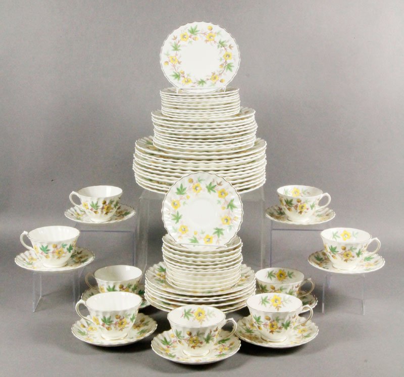 Royal Doulton "Chatsworth" Dinner Service: Royal Doulton dinner service, "Chatsworth" pattern, including: eleven dinner plates (one cracked), eleven lunch plates, eleven bread plates, nine cups, sixteen saucers, eight berry bowls, 8 1/2"dia (l
