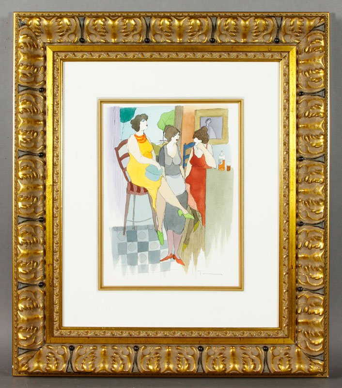 Tarkay, "Taking a Break", W/C: Itzchak Tarkay (1935-2012), "Taking a Break", watercolor and ink, circa 1990s, signed in ink lower right, 13 1/2"h x 10 1/4"w (view), 27 1/2"h x 24"w (frame).