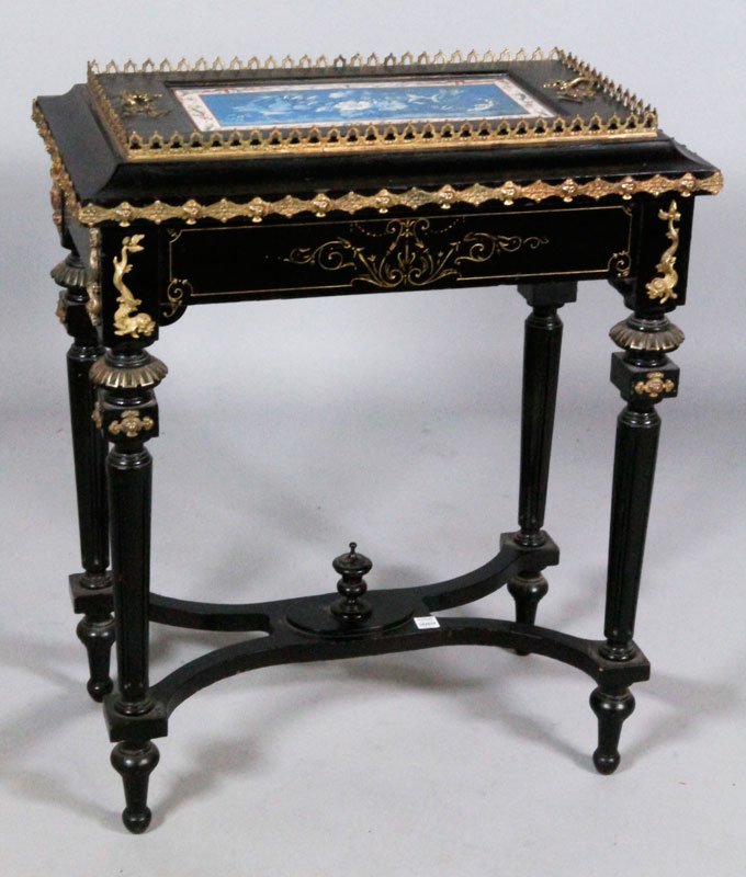 19th C. French Cellarette: 19th century, French cellarette with bronze and painted insert, removable top, 31 1/2"h x 26"w x 16 1/2"d.