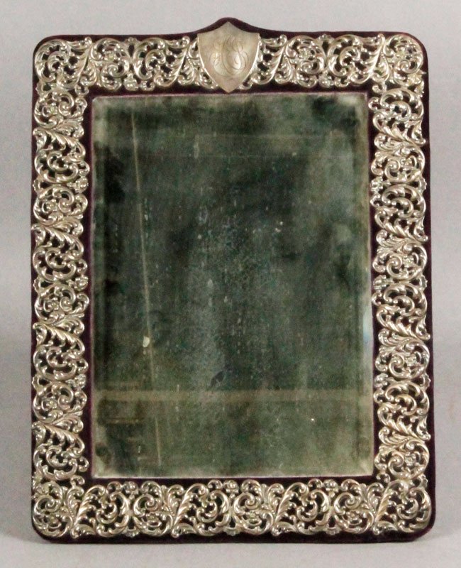 Sterling Embossed Mirror: Antique embossed mirror, sterling silver, 14" x 10 1/2".