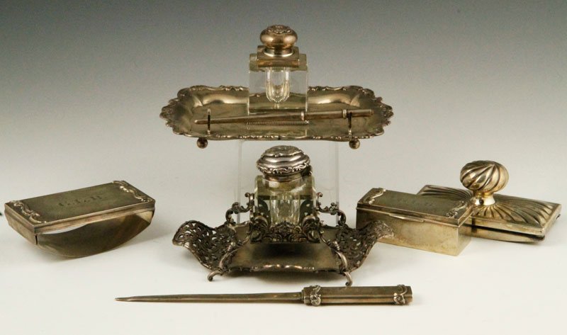 Letter Writing Smalls: Lot of letter writing smalls, to include: ink stand, stamp box, two platters, one pen, letter opener, approximately 31 troy oz tw.