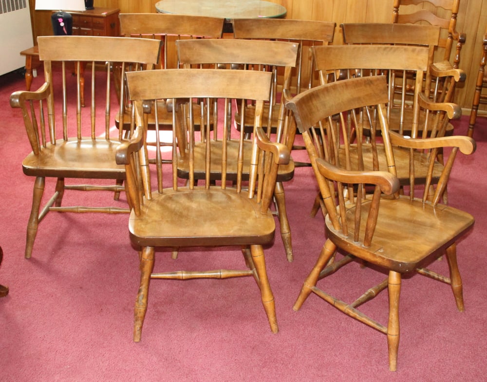 Windsor Armchairs: Windsor armchairs, lot of (8). Provenance: The Second Congregational Church of Beverly, Massachusetts. PLEASE NOTE: Item to be picked up on location at the Second Congregational Church, 35 Conant
