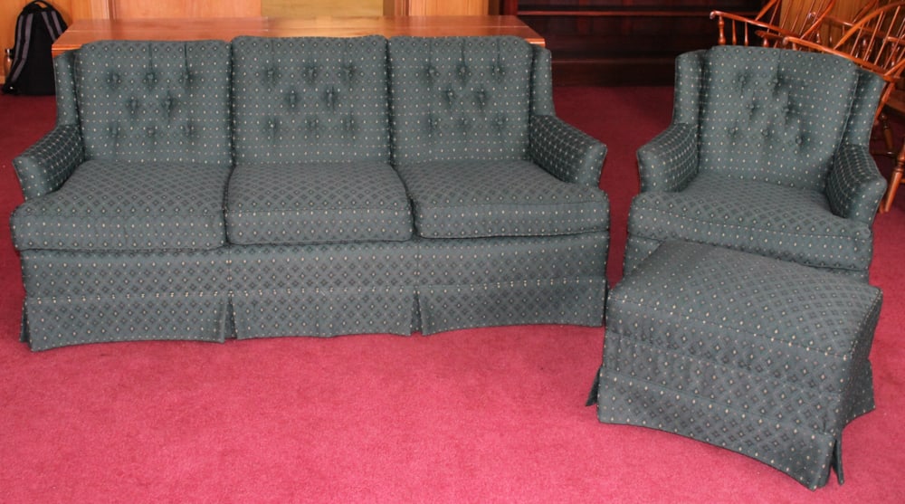 Traditional Upholstered Sofa, Armchair, and Ottoman: Traditional upholstered sofa, armchair, and ottoman. Provenance: The Second Congregational Church of Beverly, Massachusetts. PLEASE NOTE: Item to be picked up on location at the Second Congregational
