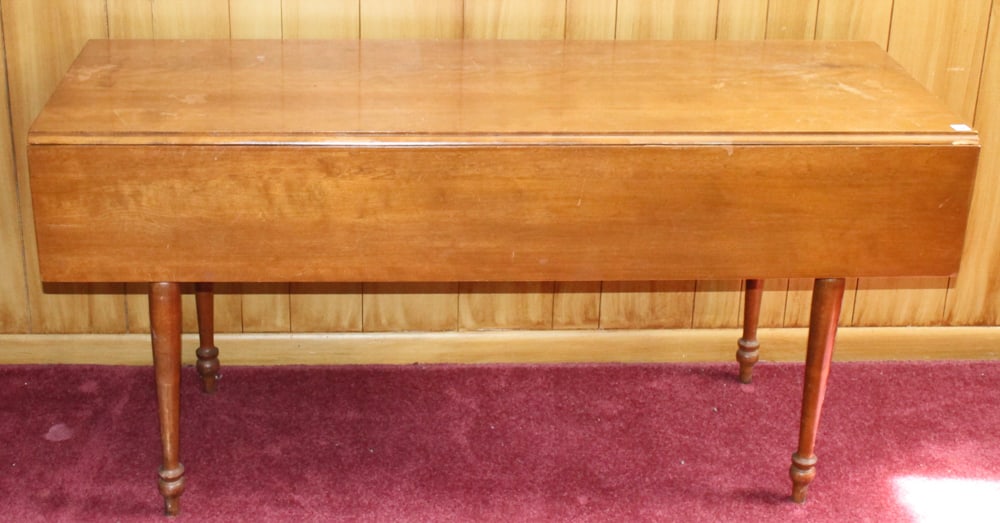 Hardwood Drop-leaf Table: Hardwood drop-leaf table, 42" x 72". Provenance: The Second Congregational Church of Beverly, Massachusetts. PLEASE NOTE: Item to be picked up on location at the Second Congregational Church, 35