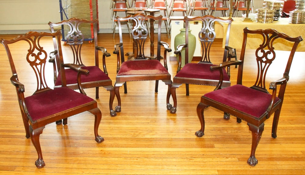 Mahogany Lyre-back Armchairs with Velvet Seats: Group of (5) mahogany armchairs with lyre backs, velvet cushioned seats. Provenance: The Second Congregational Church of Beverly, Massachusetts. PLEASE NOTE: Item to be picked up on location at the