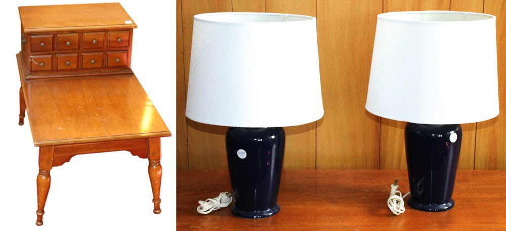 End Table and Two Lamps: End table and two lamps. Provenance: The Second Congregational Church of Beverly, Massachusetts. PLEASE NOTE: Item to be picked up on location at the Second Congregational Church, 35 Conant St.,