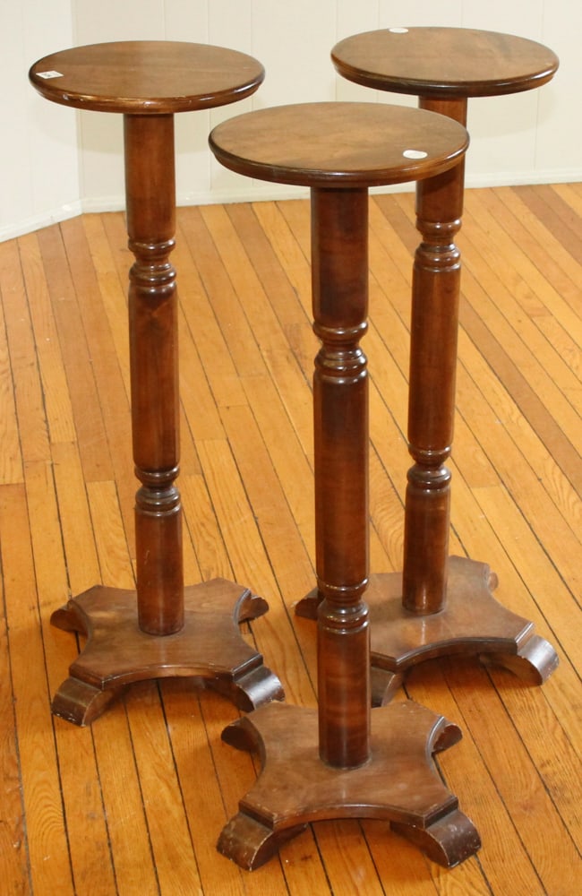 Three Flower Stands: Three flower stands, 4-leg base with tapered round column, 34" x 12". Provenance: The Second Congregational Church of Beverly, Massachusetts. PLEASE NOTE: Item to be picked up on location at the