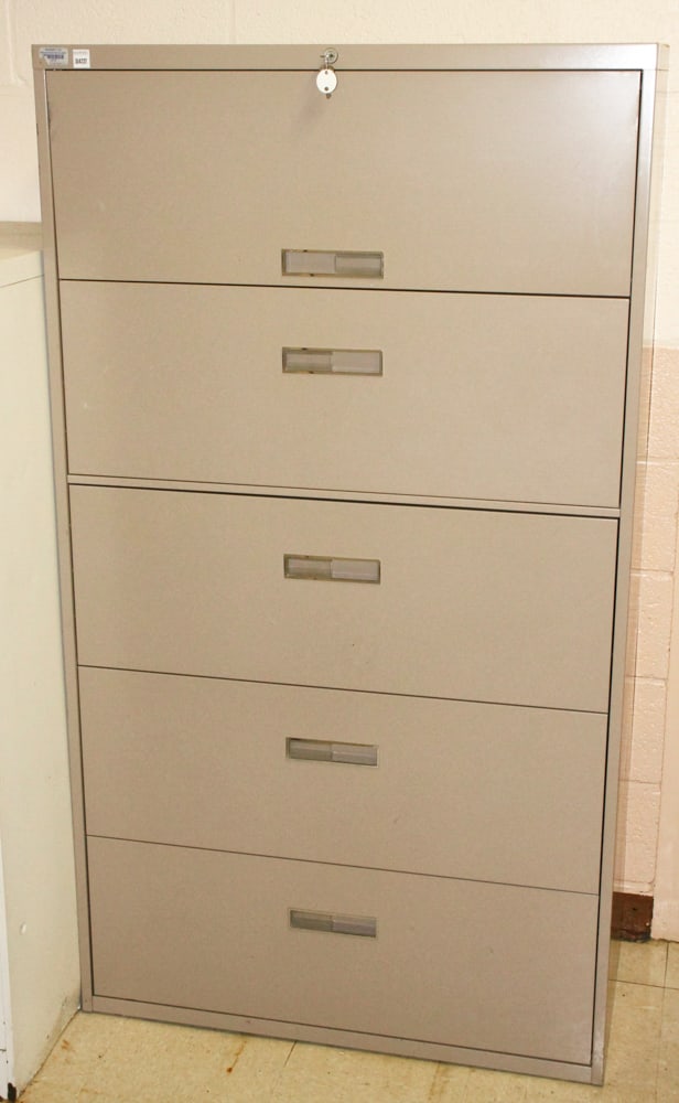 Painted Steel Five-Drawer Lateral File: Painted steel five-drawer lateral file, 42". Provenance: The Second Congregational Church of Beverly, Massachusetts. PLEASE NOTE: Item to be picked up on location at the Second Congregational Church,