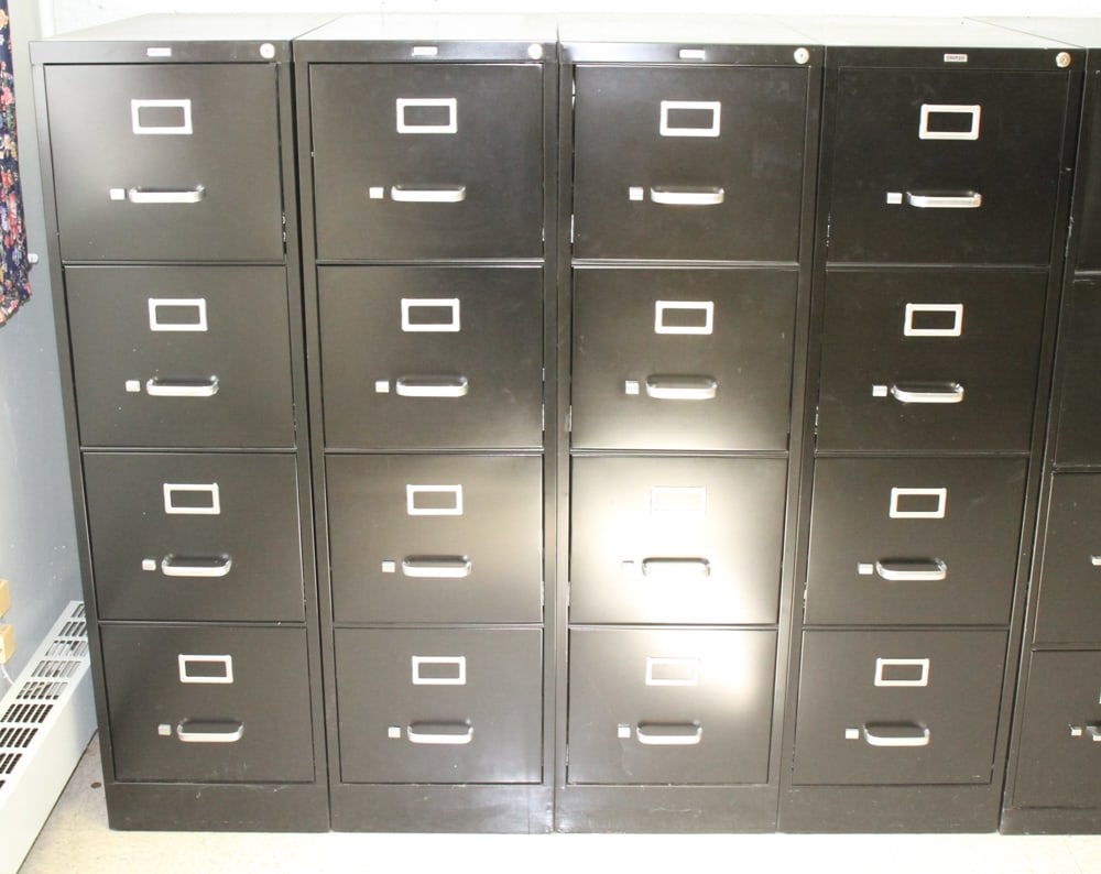 Painted Steel Four-Drawer Lateral Files: Painted steel four-drawer lateral files, 52" H, (4) total. Provenance: The Second Congregational Church of Beverly, Massachusetts. PLEASE NOTE: Item to be picked up on location at the Second