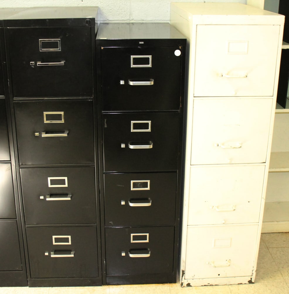 Painted Steel Four-Drawer Lateral Files: Painted steel four-drawer lateral files, 49-52" H, (3) total. Provenance: The Second Congregational Church of Beverly, Massachusetts. PLEASE NOTE: Item to be picked up on location at the Second