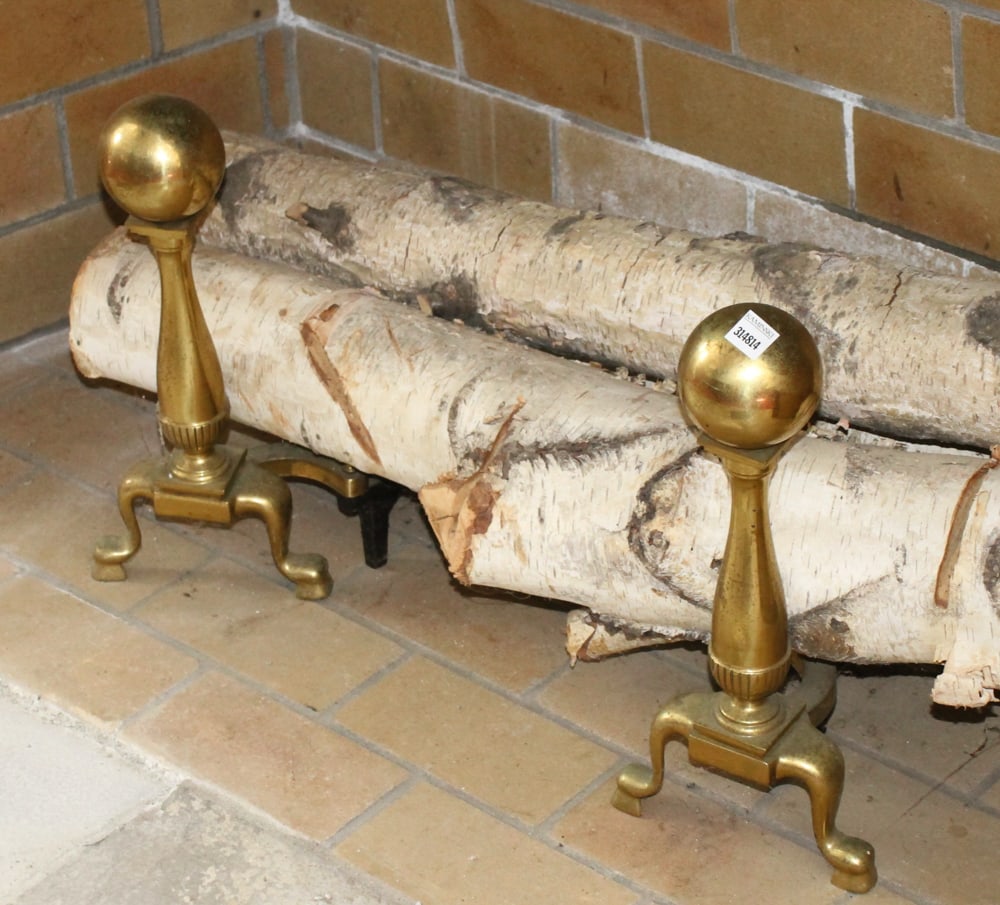 Pair of Cannonball Andirons: Pair of cannonball andirons. Provenance: The Second Congregational Church of Beverly, Massachusetts. PLEASE NOTE: Item to be picked up on location at the Second Congregational Church, 35 Conant St.,
