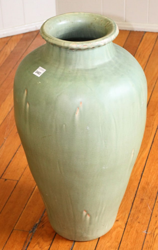Arts and Crafts Style Green Vase: Arts and Crafts style green vase, 25" x 13". Provenance: The Second Congregational Church of Beverly, Massachusetts. PLEASE NOTE: Item to be picked up on location at the Second Congregational Church,