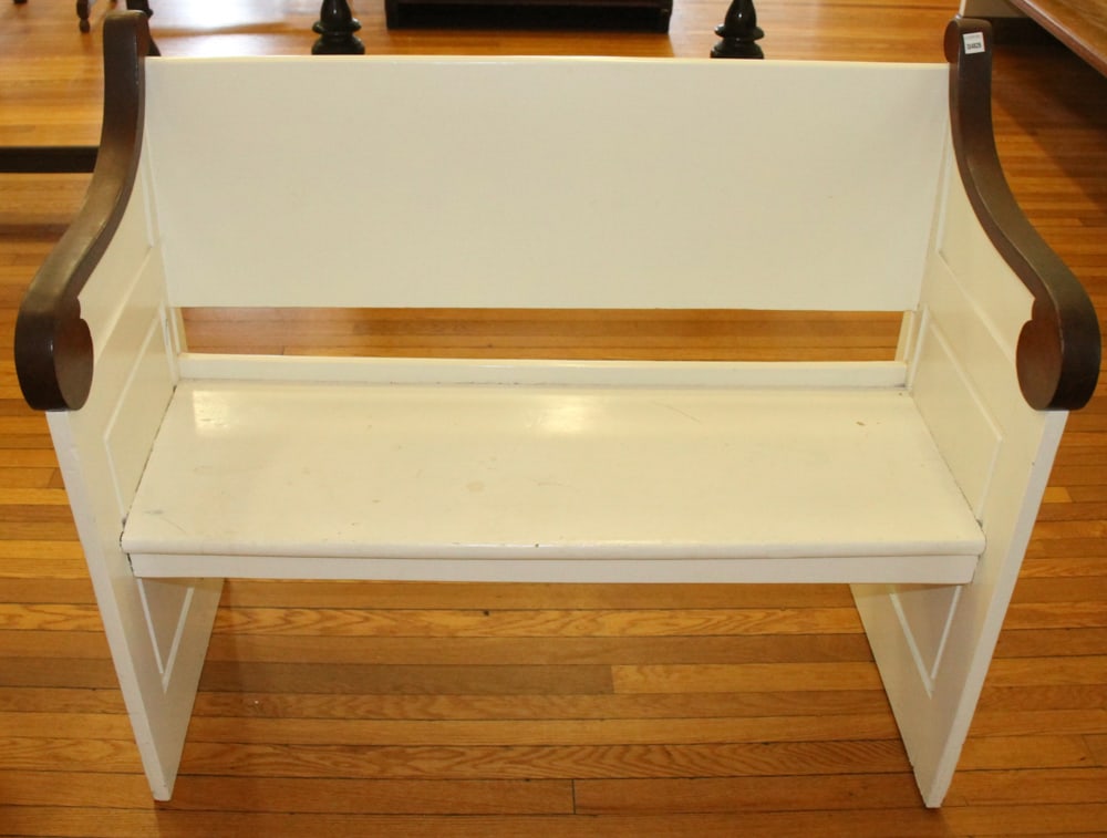 Church Pew with Mahogany Arms: Church pew, painted, with mahogany arms, 39" H x 46" W x 22" D. Provenance: The Second Congregational Church of Beverly, Massachusetts. PLEASE NOTE: Item to be picked up on location at the Second