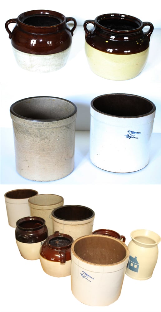 Old Bean Pots, Crocks: Old bean pots, crocks, various sizes, (12) total. Provenance: The Second Congregational Church of Beverly, Massachusetts. PLEASE NOTE: Item to be picked up on location at the Second Congregational