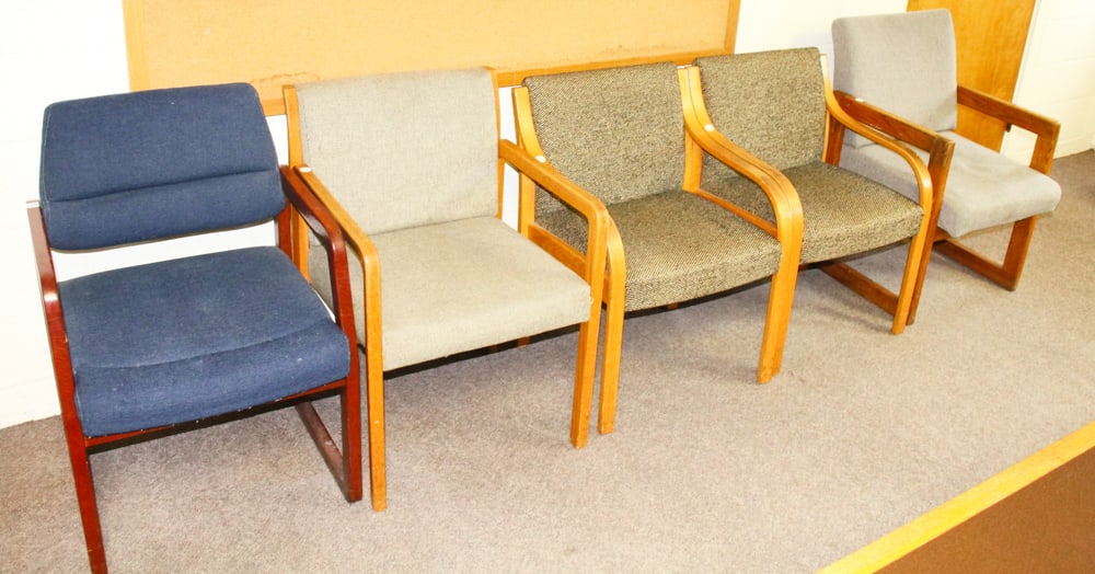Mid-century Modern Armchairs: Mid-century Modern armchairs, lot of (5). Provenance: The Second Congregational Church of Beverly, Massachusetts. PLEASE NOTE: Item to be picked up on location at the Second Congregational Church, 35