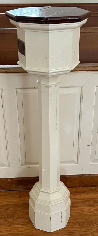 Baptismal Font: Baptismal font, 44" H x 12" W. Provenance: The Second Congregational Church of Beverly, Massachusetts. PLEASE NOTE: Item to be picked up on location at the Second Congregational Church, 35 Conant