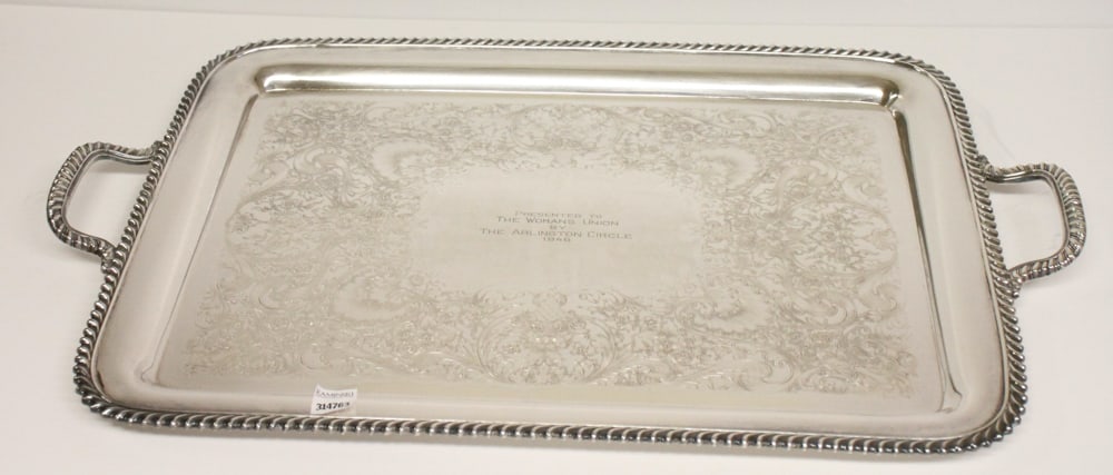 Silverplate Handled Tray with Banded Edge (1 of 7)