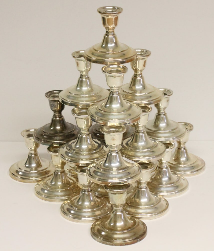 Silverplate Candlesticks: Silverplate candlesticks, round tapered base, single bobeche, 3 5/8" H x 4" diameter. (20) total. Provenance: The Second Congregational Church of Beverly, Massachusetts. PLEASE NOTE: Item to be