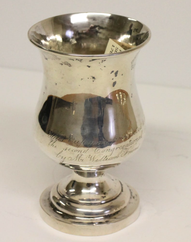 Silver Chalice Presented to Beverly Congregational Society: Silver chalice, inscribed "This Cup was Presented to the Church of The Second Congregational Society in Beverly by Mr. William Friend, May 1832", stamped "C. Warner" (Caleb Warner, 1784-1861, Salem, M