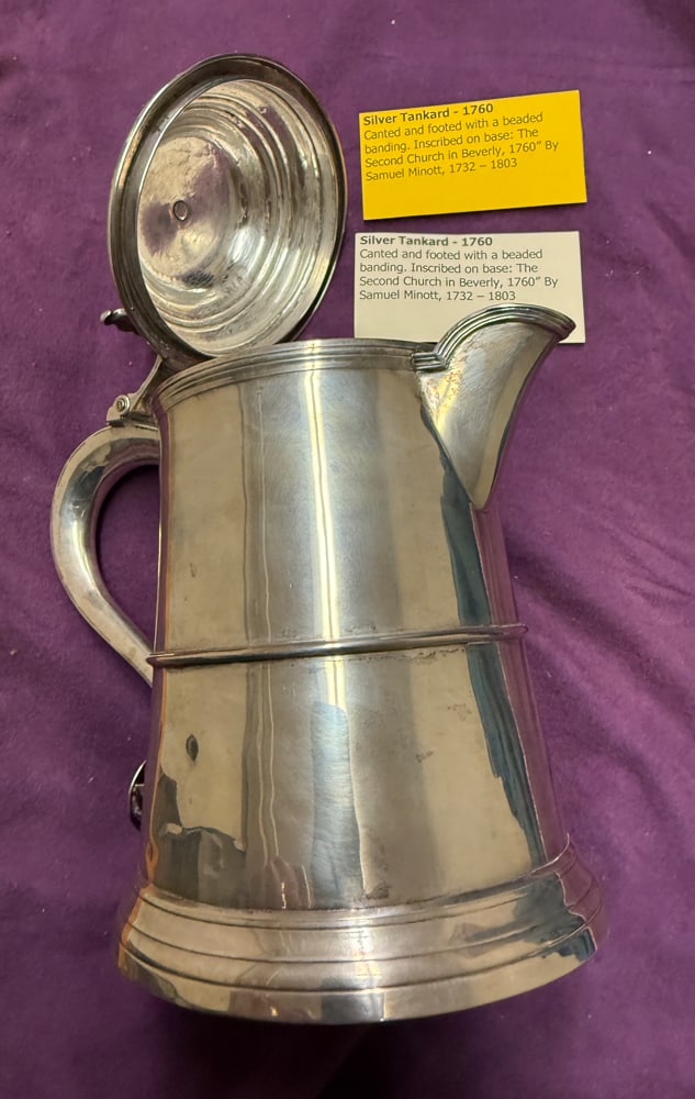 1760 Sterling Flagon Stamped "SM", Samuel Minott: 1760 sterling flagon, round tapered banded base, with reservoir and spout including hinged tapered lid, with finial ornamentation and handle, 9" x 8 1/4", inscribed on bottom "The Second Church in Bev