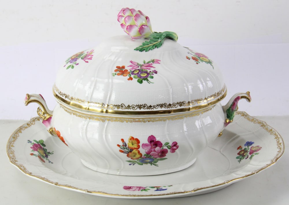 KPM Porcelain Platter and Tureen: KPM porcelain floral pattern platter and tureen with artichoke finial, with blue scepter (1870-1945) and red imperial orb (1832-1957) marks. Platter 19" x 15"; tureen 11" x 15" x 9". Provenance: