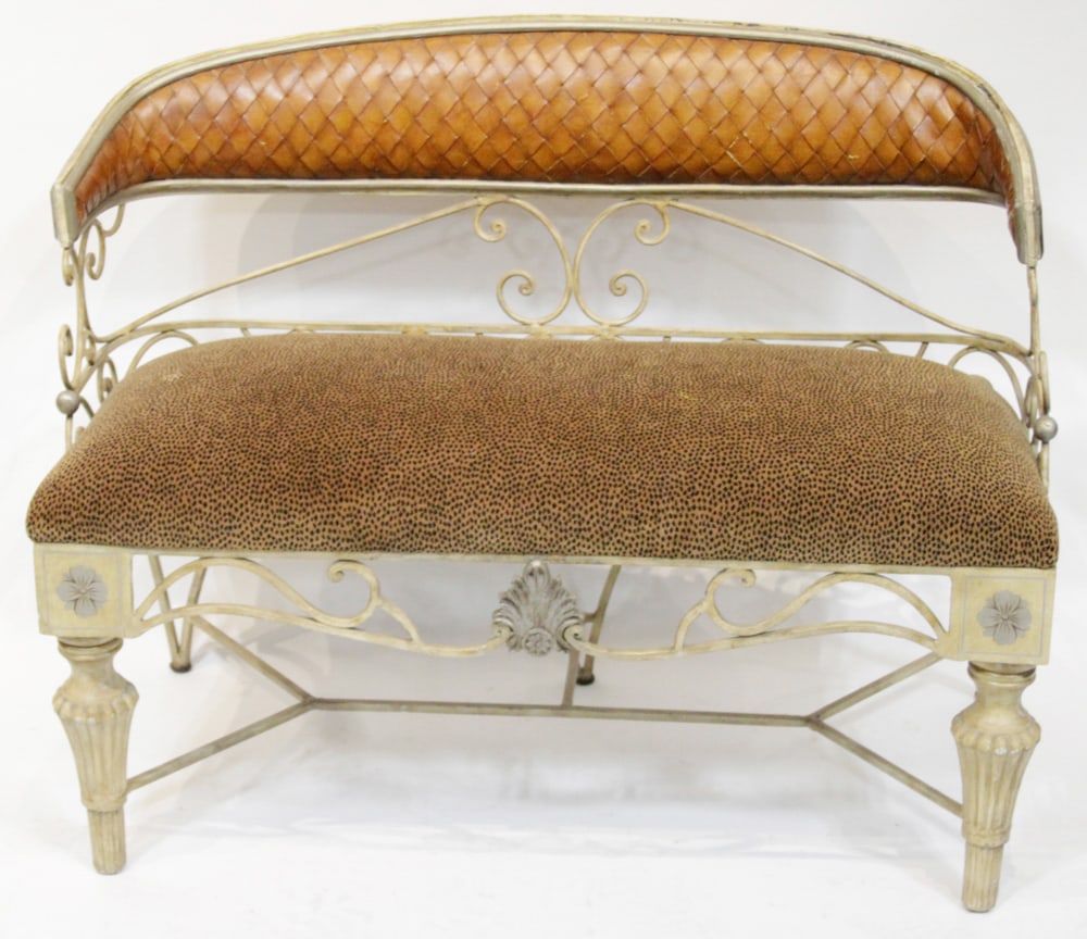Neoclassical-style Iron Bench with Leather Back (1 of 6)