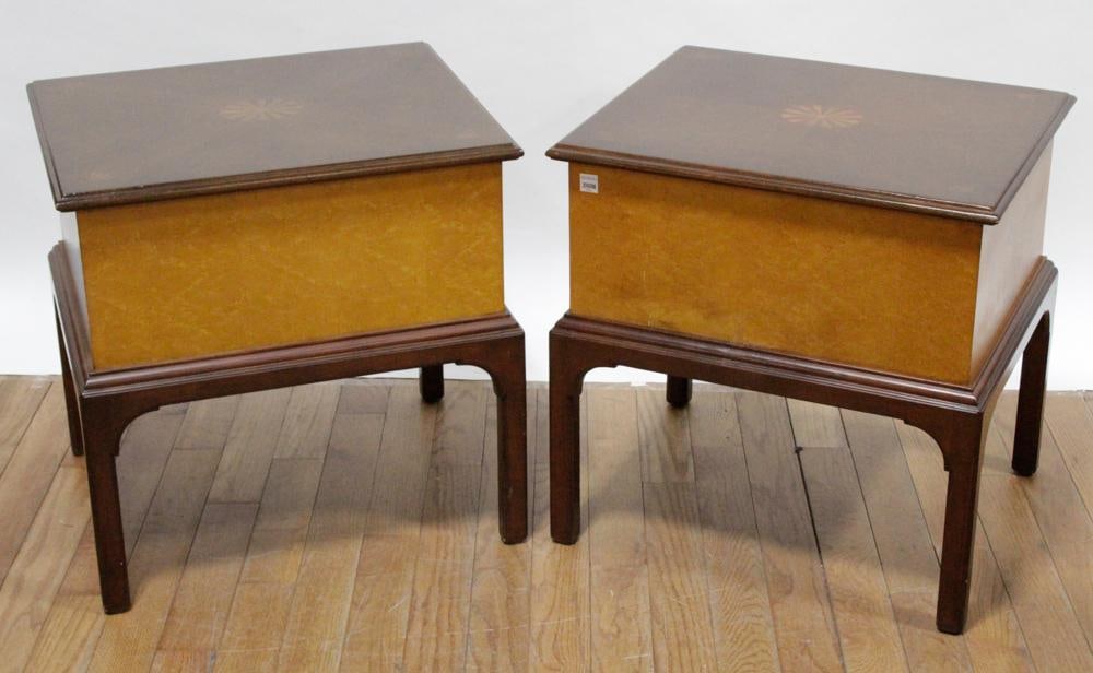 Pair of Vintage Mark David Inlaid End Tables: Pair of vintage Mark David inlaid end tables, with brass tag "Mark David at Transcentury Brand", 24" H x 24" W x 20" D. Minor scuffing on one. Provenance: Melrose, Massachusetts. PLEASE NOTE:
